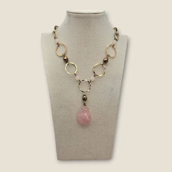 Source Unknown Jewelry - Rose Pink Quartz Teardrop Gold Hammered Link Boho Statement Necklace